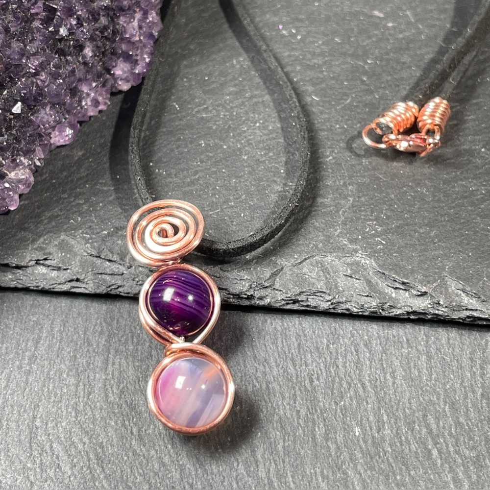 Genuine Agate Copper Wire Wrapped Pendant Leather Necklace - Picture 6 of 10